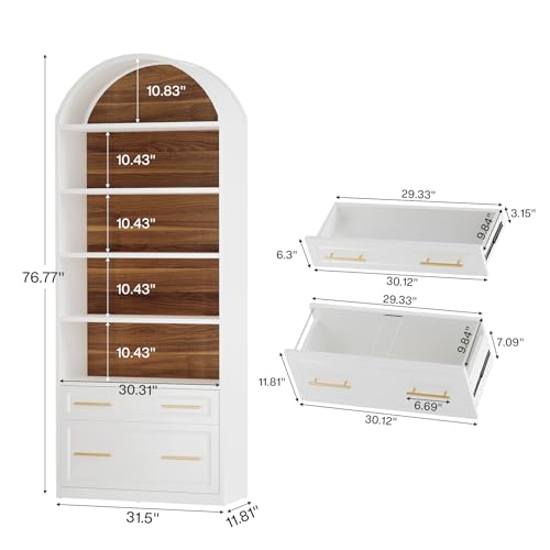 Tribesigns 76.8" Tall Arched 5-Tier Bookcase with File Cabinet Drawer - color: White