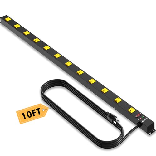 12 Outlet Long Power Strips Wide-Spaced Outlets with 10ft Cord Power Strip | Heavy Duty Industrial Power Strip Surge Protector Overload 2100J Protection for Garage Workshop Office Home ETL Certified - size: 10FT