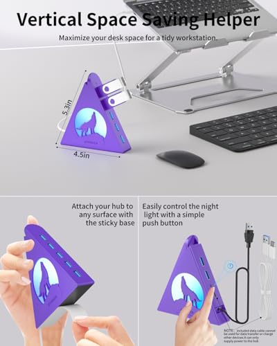 Deep Purple 7-Port USB 3.0 Hub, RGB Vertical Gaming USB Hub Tower with 5Gbps Data Transfer, 2FT Cable - USB Hub Splitter for PC, MacBook, Laptop, PS5, Flash Drives - color: Deep purple