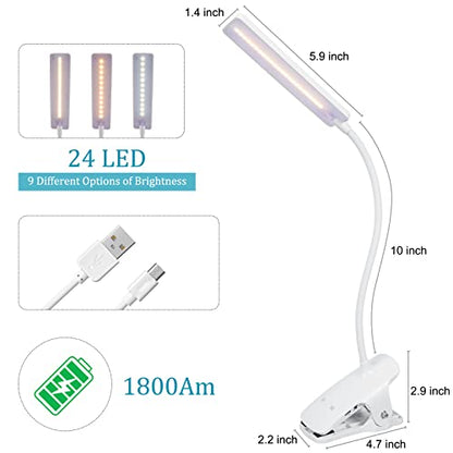 LED Reading Light with Clip USB Rechargeable Book Lights, Eye Protection 24 LEDs Flexible Neck Night Bed Lamp, Touch Control Portable Clamp Desk Lamps for Bed Headboard, Computers - color: White