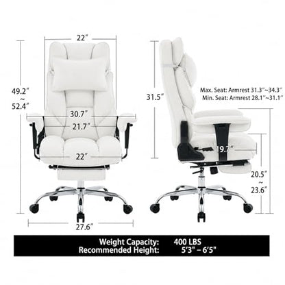 mokodo Big and Tall Office Chair 400lbs, Breathable Fabric Executive Desk Chair with Pocket Spring Cushion, 155° Reclining Computer Chair with Integrated Headrest & Lumbar Pillow (White) - color: White