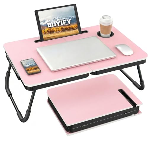 BUYIFY 23.4" Foldable Lap Desk Bed Table with Cup Holder Portable Tray - color: Pink