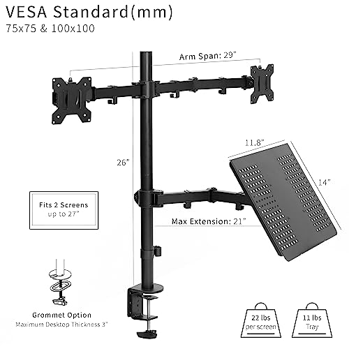 VIVO Laptop and Dual 13 to 27 inch LCD Monitor Stand up Desk Mount, Tall Adjustable Stand, Fits Laptops up to 17 inches, Black, STAND-V012J