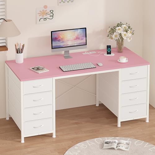 YOMILUVE 50 Inch Computer Desk with 8 Drawers, Home Office Desk with Power Outlets, Work Study Gaming Desk with 8 Fabric Drawers, Pink - color: Pink, size: 18.9"D x 50.4"W x 29.3"H