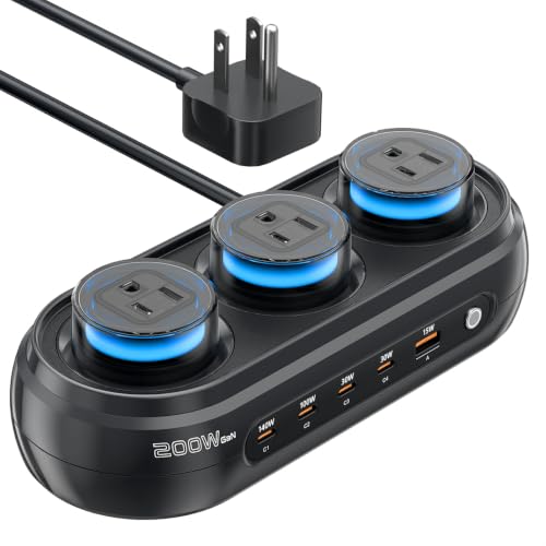 200W GaN Desktop Charging Station, 8-in-1 Desk Accessories with RGB Lights | 140W PD3.1 Fast Charger, Gaming Accessories with 3 AC 5 USB, RGB Lights with 7 Customizable Colors for Gaming & Office Setup