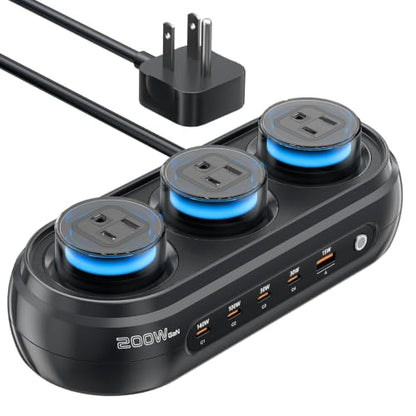 200W GaN Desktop Charging Station, 8-in-1 Desk Accessories with RGB Lights | 140W PD3.1 Fast Charger, Gaming Accessories with 3 AC 5 USB, RGB Lights with 7 Customizable Colors for Gaming & Office Setup