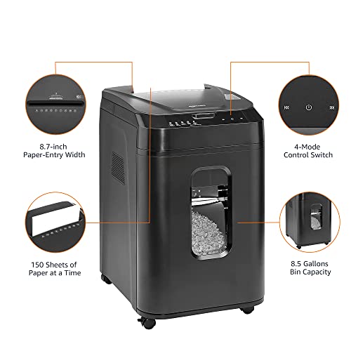 Amazon Basics 150-Sheet Autofeed Micro-Cut Paper and Credit Card Shredder, High Security Level P-4 with 8.5-Gallon Bin, 60-Minute Continuous Run Time, Black - size: 150 Sheet