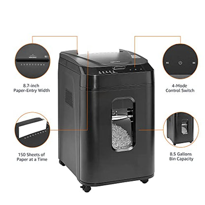 Amazon Basics 150-Sheet Autofeed Micro-Cut Paper and Credit Card Shredder, High Security Level P-4 with 8.5-Gallon Bin, 60-Minute Continuous Run Time, Black - size: 150 Sheet