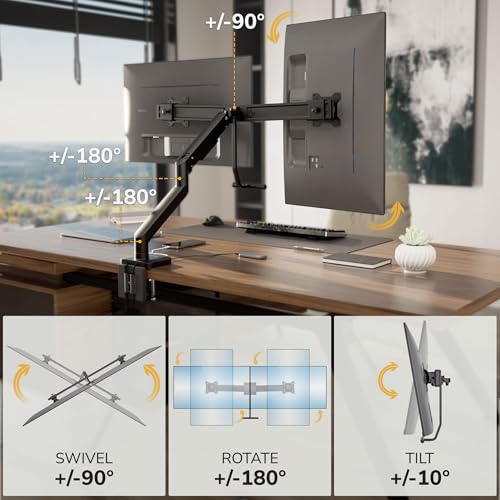 Mount-It! Dual Monitor Mount with Crossbar, Gas Spring Desk Mount for 2 Monitors 17–32", Holds 19.8 lbs Each, Full Motion Tilt Swivel Rotate, VESA 75x75 100x100, USB 3.0 & USB-C, Clamp or Grommet