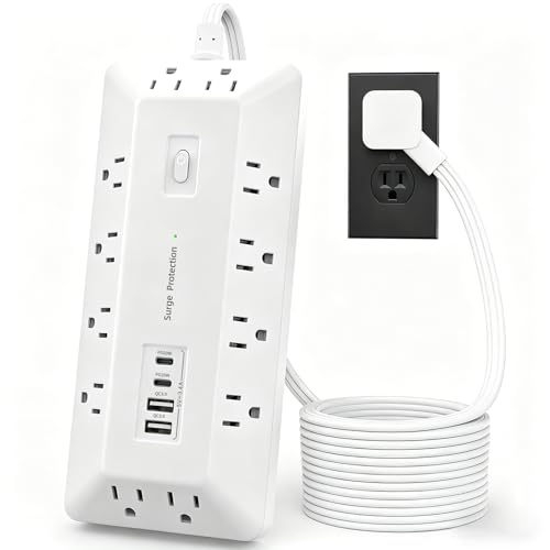 6 Ft Surge Protector Power Strip with 1800J, Extension Cord with Multiple Outlets 12AC+4USB(2USB-C Port for 20W), Flat Plug Outlet Extender with 1625W/13A for Laptop, Desk, Home Office Dorm - color: White