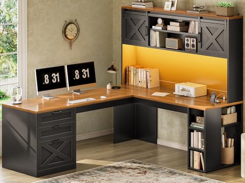 SEDETA 67" Farmhouse L Shaped Desk with Hutch, Black+Brown | Home Office Desks with Drawers & Sliding Doors,Executive Corner Computer Desk with Storage Shelves,Power Outlets,LED Lights - color: Black and Brown, size: L Shaped Desk with Hutch