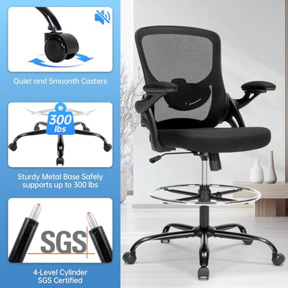 Drafting Chair Ergonomic Comuputer Standing Desk Chair with Flip-Up Arms and Lumbar Support, Tall Office Chair with Adjustable Footrest, Stool Counter Height Office Chairs Black