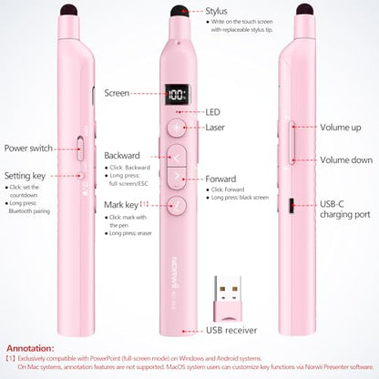 N21 Bluetooth Presentation Clicker for PowerPoint with Retractable Pointer - color: Pink - Green Pointer