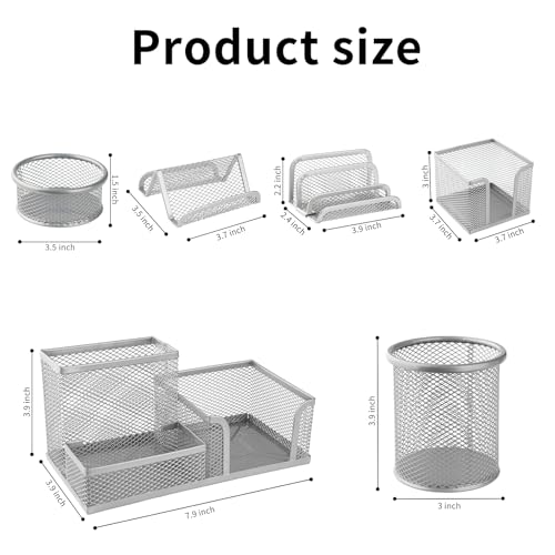 6 Pack Mesh Metal Desk Organizer Stationery Storage Set Silver - color: Silver