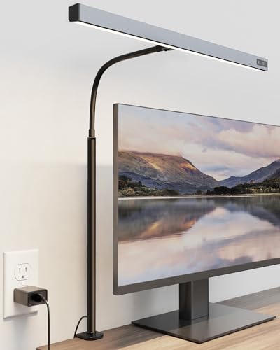 SUPERDANNY LED Desk Lamp for Office Home, Eye-Caring Desk Light with Adjustable Gooseneck, 12W Touch Control Dimmable Brightness, Architect Clamp Lamp with USB Adapter, Grey | Grey, Touch Control Dimmable Brightness, 3000K-6000K, 360° Adjustable Gooseneck