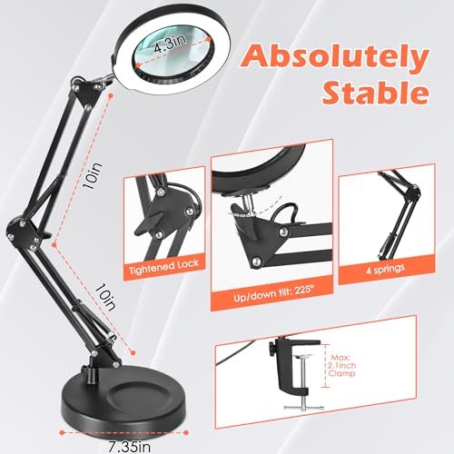 12X Magnifying Glass with Light and Stand, Real Glass Lens Magnifying Desk Lamp, Lighted Magnifier with Light Stepless Dimming Hands Free for Craft, Reading, Painting, Sewing, Solder - color: Black