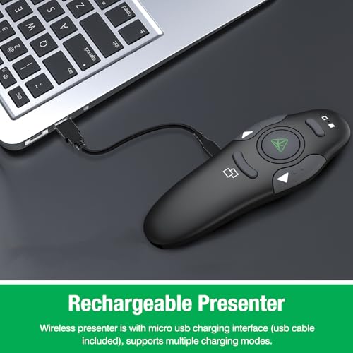 DinoFire Green Presentation Clicker Wireless Presenter Remote, RF 2.4GZ Rechargeable USB Slide Clicker for Powerpoint Presentation Computer Laptop - style: Rechargeable+USB+Green