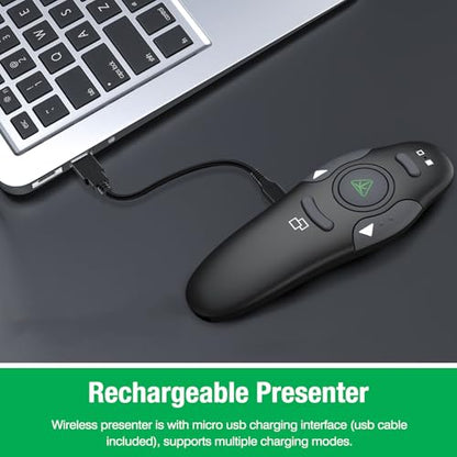 DinoFire Green Presentation Clicker Wireless Presenter Remote, RF 2.4GZ Rechargeable USB Slide Clicker for Powerpoint Presentation Computer Laptop - style: Rechargeable+USB+Green