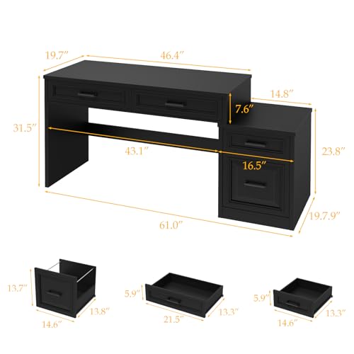 Vabches 61" Farmhouse Computer Desk with Storage and File Drawer, Black | Executive Desks with Printer Stand, Rustic Large Home Writing Desk for Home Office - color: Black
