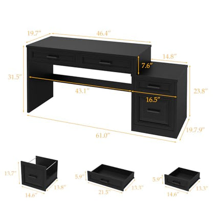Vabches 61" Farmhouse Computer Desk with Storage and File Drawer, Black | Executive Desks with Printer Stand, Rustic Large Home Writing Desk for Home Office - color: Black