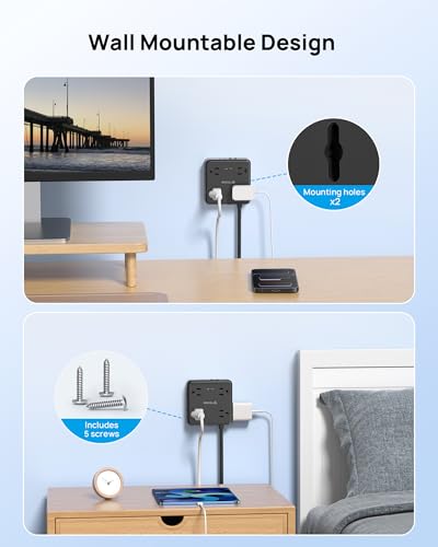TROND 360° Rotating Flat Plug Power Strip 10ft, 8 AC & 4 USB (2U2C), Black - color: Black, size: 10FT, style: Rotating Plug-2U2C