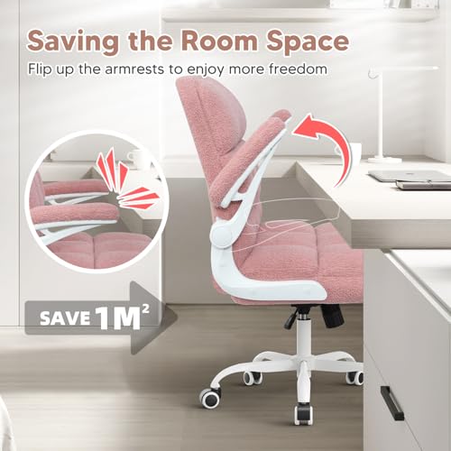 Office Chair with Wheels, Ergonomic Computer Desk Chair with Flip-up Armrest, Adjustable Rolling Swivel Chair Teddy Fleece – Dusty Pink - color: Dusty Pink