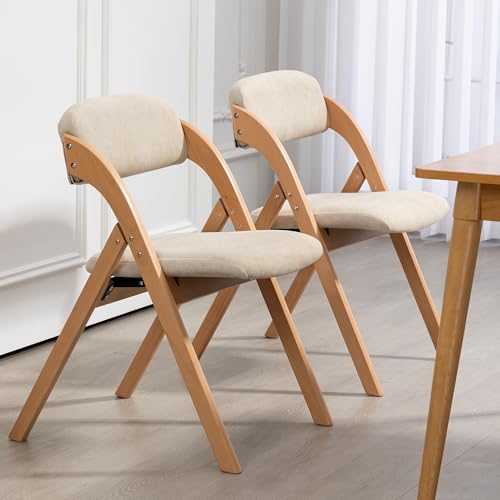 Folding Chairs with Padded Seats | Wooden Stackable Dining Chair Set of 2 with Removable Cover Extra for Guests Kitchen Office Wedding Party Picnic, Cream - color: Cream, size: 2PCS