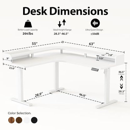 Agilestic L Shaped Standing Desk with Monitor Shelf, 63 Inch, White - color: White, size: 63 x 55 Inch with shelf