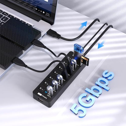 Powered USB Hub 3.0,VEMONT 7 Ports Multi USB hubs and 1 USB Smart Charging Port with 5V/3A Power Supply,USB Extension Splitter with Individual On/Off Switches and 4ft/1.2m Long Cable for PC/Laptop