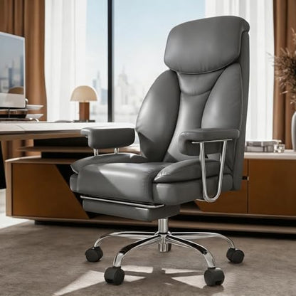 Big and Tall Office Chair, Executive Home Office Desk Chair, Comfy Leather High-Back Reclining Computer Chair with Retractable Footrest and Padded Arms, 360°Swivel Rolling Wheels, Wide Seat, Gray - color: Grey