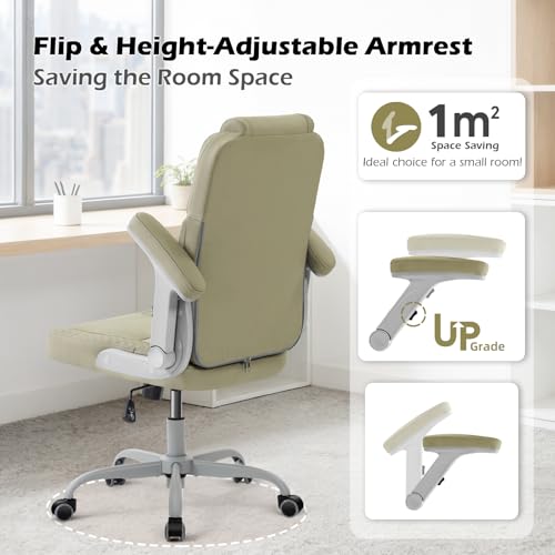 SEATZONE Green Office Chair Ergonomic Desk Chair with Lumbar Support, Flip-Up Arms, Adjustable Swivel Computer Chair with Wheels, PU Leather Executive Task Chair for Home Office Small Space - color: Green