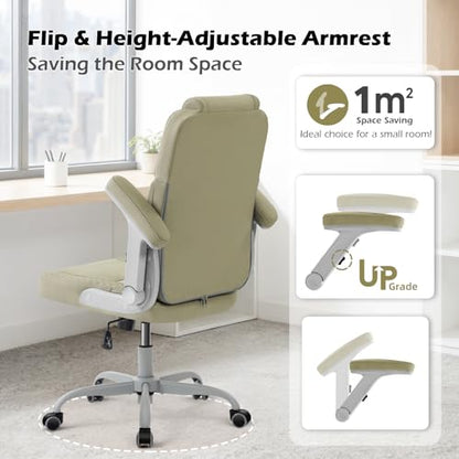 SEATZONE Green Office Chair Ergonomic Desk Chair with Lumbar Support, Flip-Up Arms, Adjustable Swivel Computer Chair with Wheels, PU Leather Executive Task Chair for Home Office Small Space - color: Green