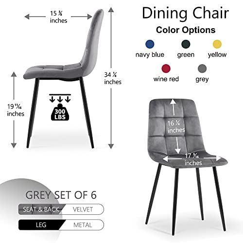 Homedot Grey Velvet Chair Set of 6,Mid-Century Modern Dining Chair Upholstered Living Chair Tufted Reception Chair with Solid Black Metal Legs for Bedroom,Dining Room,Kitchen - color: Grey, size: 6*Chair