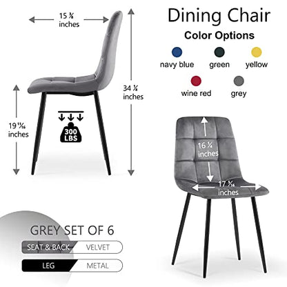 Homedot Grey Velvet Chair Set of 6,Mid-Century Modern Dining Chair Upholstered Living Chair Tufted Reception Chair with Solid Black Metal Legs for Bedroom,Dining Room,Kitchen - color: Grey, size: 6*Chair