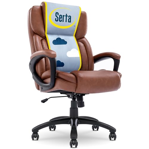 Serta Ergonomic Executive Office Chair with Lumbar Support, Leather Chair | Garret, Back Pain Relief, Foam Seat Cushion, Padded Arms, Adjustable Height and Reclining, Office Chair with Wheels, Cognac - color: Cognac