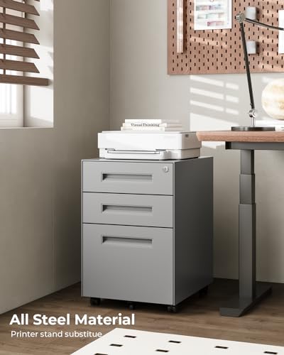 Dripex 3 Drawer Metal Rolling File Cabinet Under Desk Filing Cabinet Grey | 15"W x 18"D x 24"H, Lockable, 5 Wheels, Fully Assembled, Letter/Legal Size, Suitable for Home Office - color: Grey