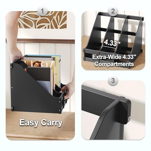 Bamboo Desk File Organizer, 3-Compartment Magazine Holder(Black) | 3 vertical compartments organize files, folders, magazines and mail while saving valuable desk space. - color: Black