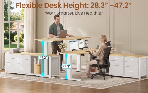 SEDETA L Shaped Electric Standing Desk with 6 Fabric Drawers, Storage - color: Oak