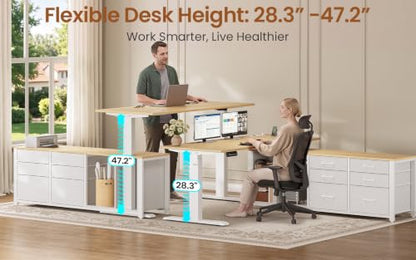 SEDETA L Shaped Electric Standing Desk with 6 Fabric Drawers, Storage - color: Oak