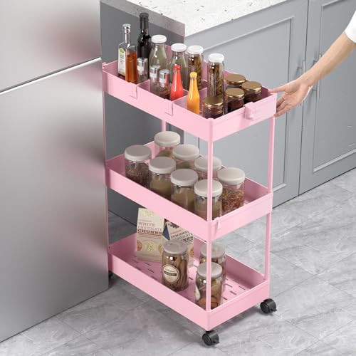 SPACELEAD 3 Tier Rolling Cart with Wheels, Storage Craft Art Trolley Organizer Serving, 3 Hanging Baskets Easy Assembly, for Office, Living Room, Kitchen, Pink - color: Pink