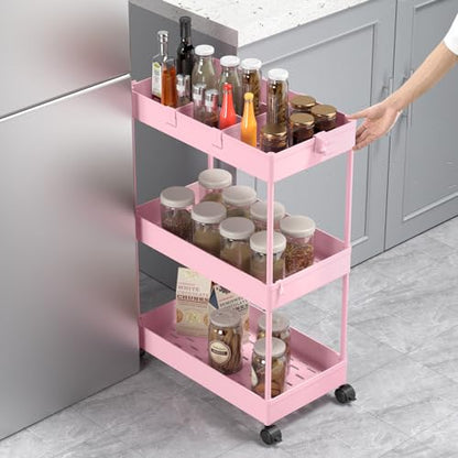 SPACELEAD 3 Tier Rolling Cart with Wheels, Storage Craft Art Trolley Organizer Serving, 3 Hanging Baskets Easy Assembly, for Office, Living Room, Kitchen, Pink - color: Pink
