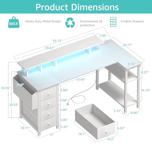 Lufeiya White L Shaped Computer Desk with Fabric Drawers, 55 Inch Corner Home Office Desk with Monitor Stand Shelves, Writing Study Gaming Desks with Led Lights and Power Outlets for Bedroom, White