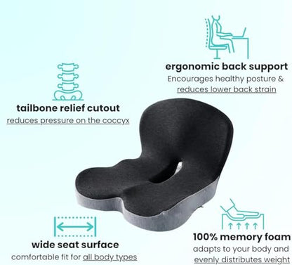 Celinva Orthopedic Cushion,Ergonomic Memory Foam L-Shaped Integrated Seat Cushions with Adjustable Strap,Ultra Breathable Non-Slip Design for Office Chair,Car,Wheelchair (Black+Gray)