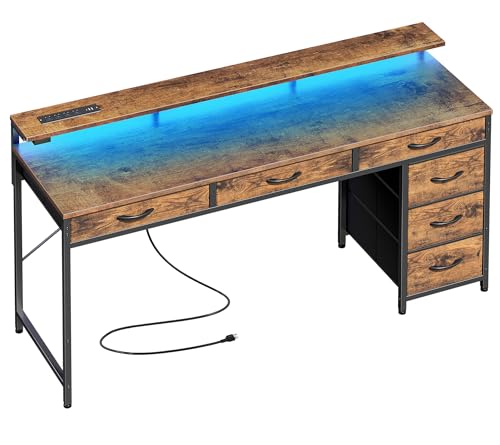 Huuger Gaming Desk with 6 Drawers, Computer Desk with LED Lights Power Outlets and Type-C, 55 Inch Office Desk with Storage, Monitor Stand, Writing Desk for Home Office, Rustic Brown, 1CD102F - color: Rustic Brown, size: 54 inch