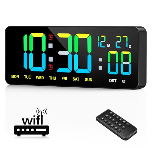 12" Large Digital Wall Clock WiFi Sync for Bedroom, Living Room, Classroom, WiFi Clock with Remote Control, Temperature, Timer, Dual Alarms, Dimmer, Auto DST, Volume Control