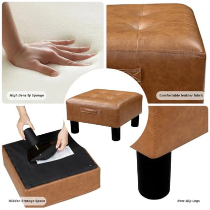 Joveco Small Ottoman Foot Stool,15" Square Upholstered Foot Rest with Legs - color: Caramel Brown