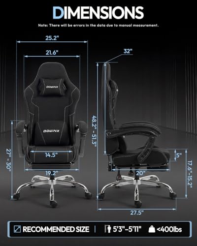 Dowinx Ergonomic Gaming Chair with Footrest & Massage Lumbar, 2D-Linkage Armrests for Computer Chair 330lbs with Headrest Pillow for Office, Home, Streaming and Long Gaming Sessions, Fabric Black - color: Pitch Black