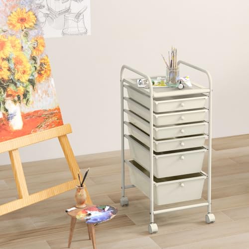 6-Tier Rolling Cart with Drawers, Storage Cart with Universal Wheel & Metal Frame, Multipurpose Mobile Trolley Utility Cart for Small Space Makeup School Office Play Room(White)