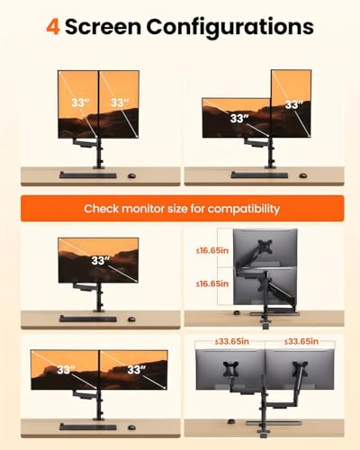 ErGear Dual Monitor Stand, Stacked Monitor Mount for 13-33″ Screens, Up to 19.8 lbs/Arm, Enhanced Stability with Integrated C-Clamp, Upgraded Cable Management, VESA 75x75/100x100mm, Home Office Gaming - size: 13"-33", style: Dual Arms