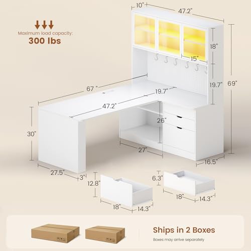 SEDETA L Shaped Corner Gaming Desk with 3 Wood Drawer and Large Bookshelf - color: White